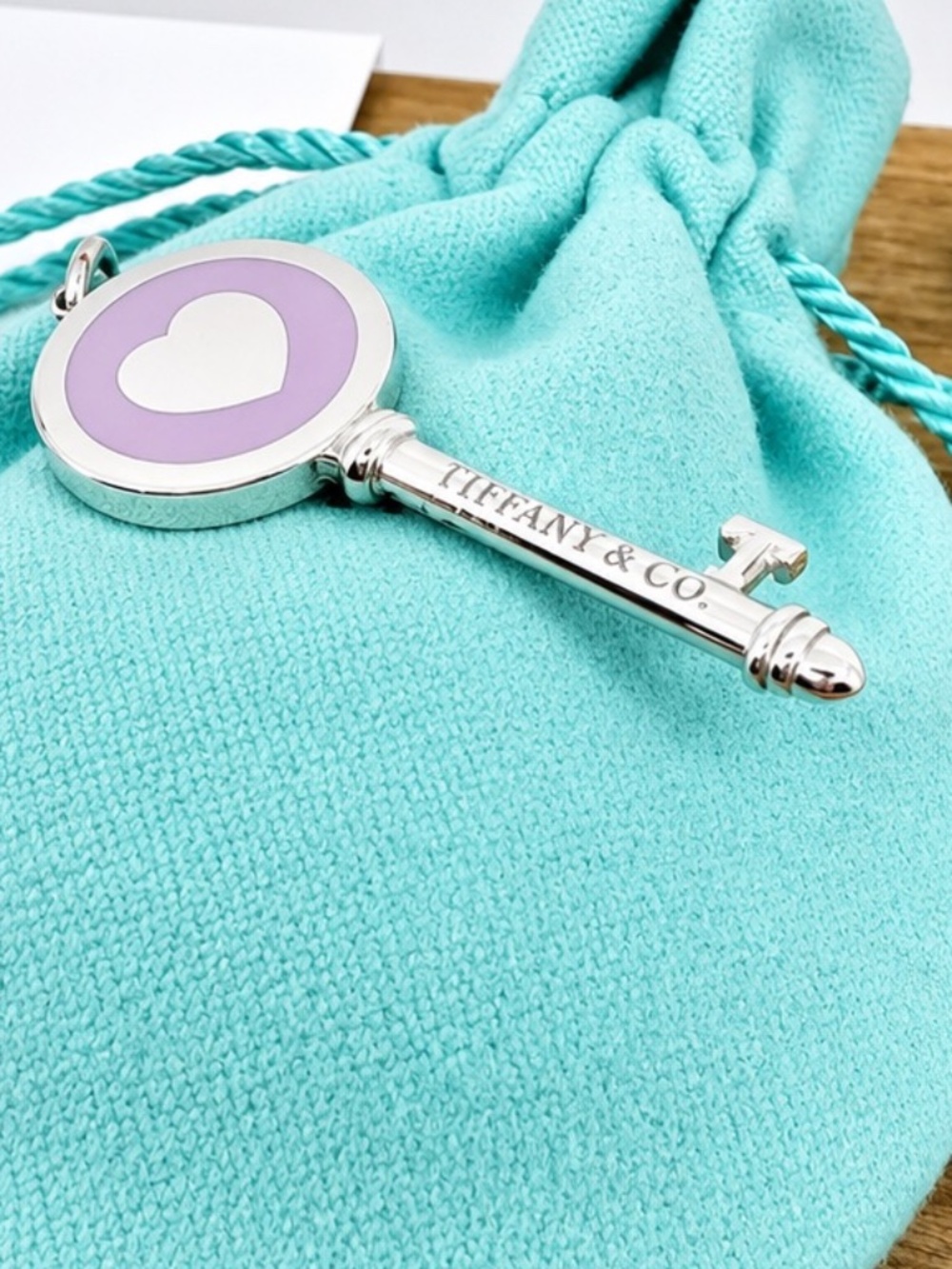 Return to Tiffany Co. Lavender Purple Heart Key Charm Pendant Silver